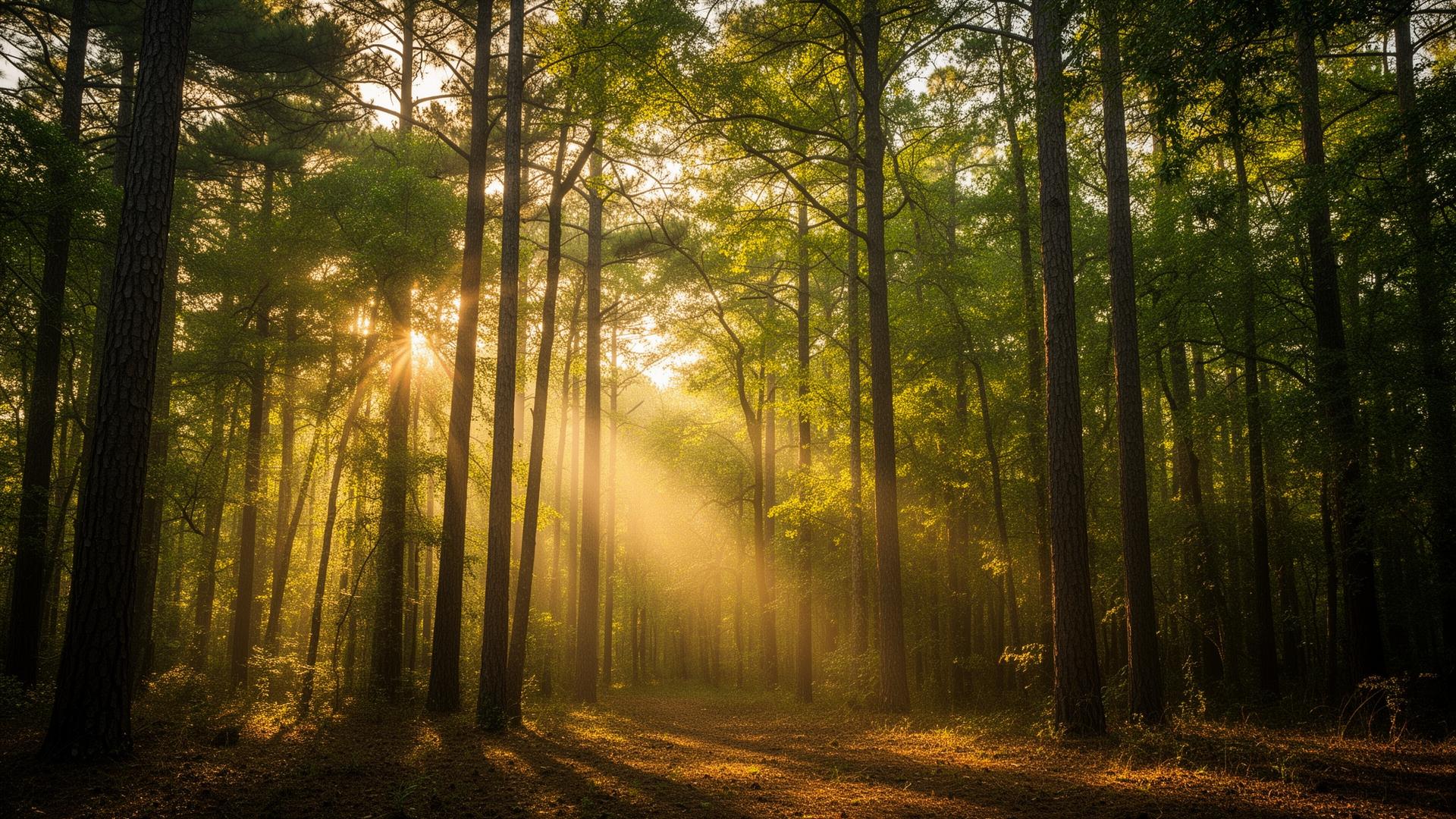 East Texas pine forest at golden hour